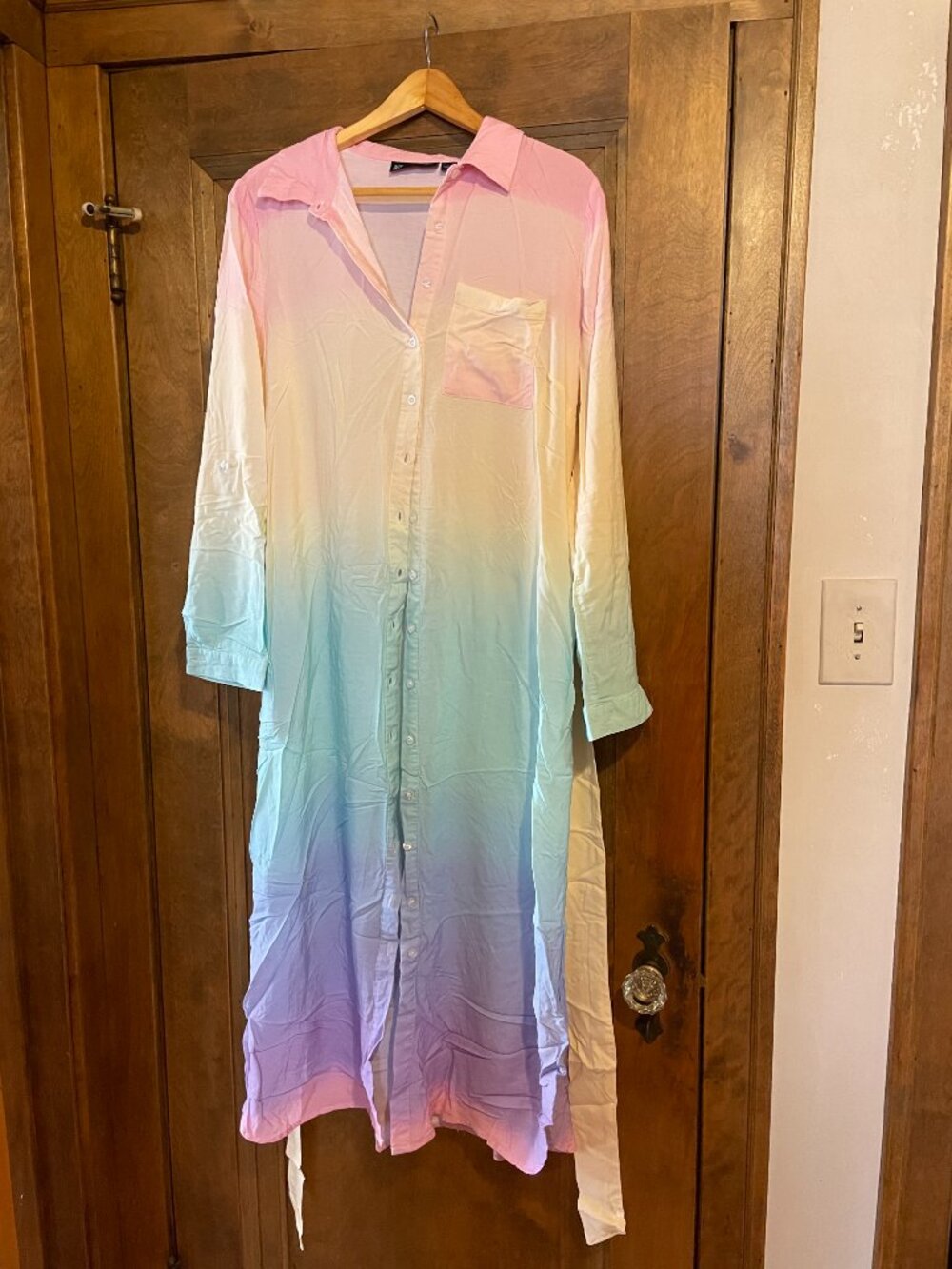 NY&CO Watercolor Pastel Rainbow Ombre Button Down Collared Dress with Tie - VTG